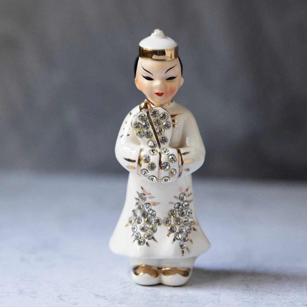 Vintage Rhinestone Adorned Asian Man Boy Lefton 1960's Figurine Ceramic White